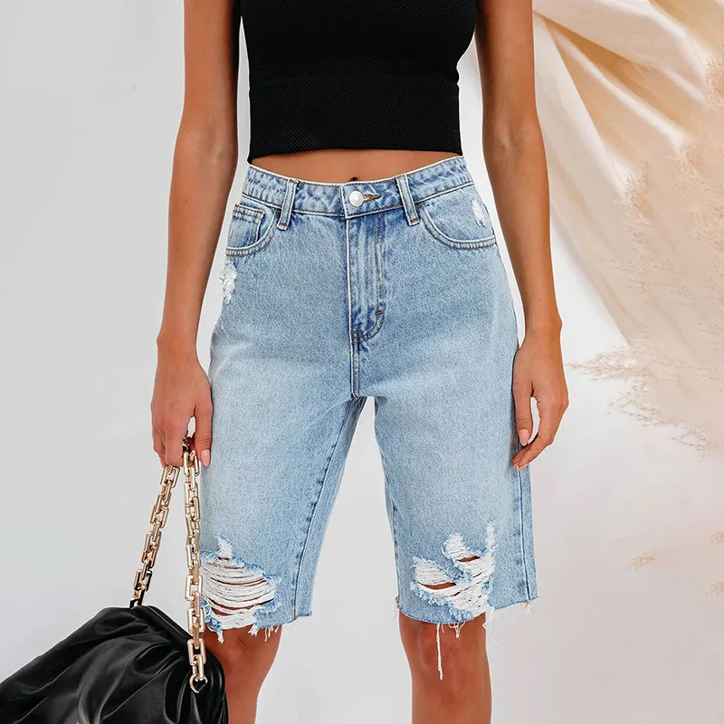 Women's High Elastic Mid waist Ripped Jeans Light Blue - Shop at LoveMi