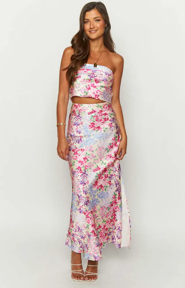 Women's Sexy Print Chest wrapped Floral Slit Skirt Milky White Printing - Shop at LoveMi