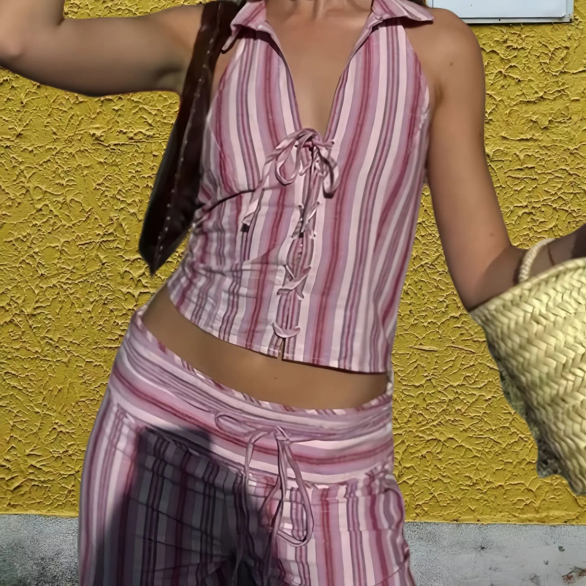 European And American Fashion Striped Lace-up Sleeveless Top Wide Leg Trousers Suit - Pink