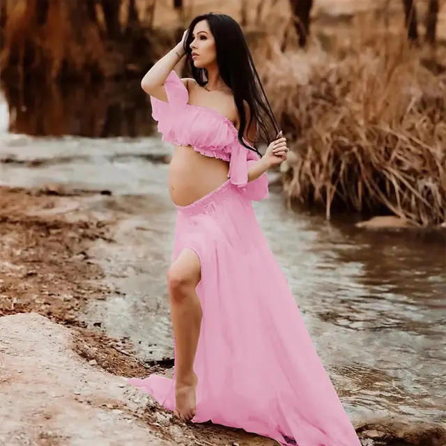 Upper And Lower Split Bottom Slit Pregnant Women Photo Mop Suit Light Pink - Shop at LoveMi
