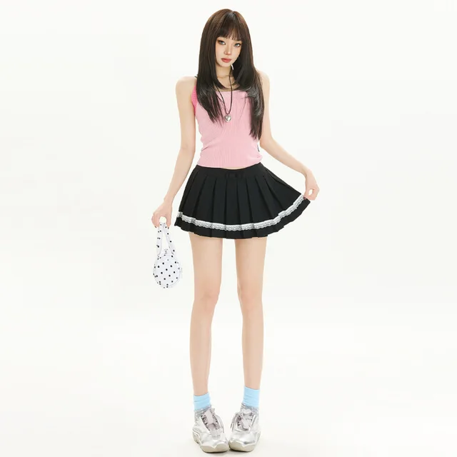 Sweet All matching Bow Lace Stitching Half length Pleated Skirt Black Skirt - Shop at LoveMi