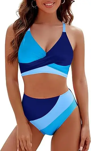 Split Suit Color Matching Lace Bikini - Blue