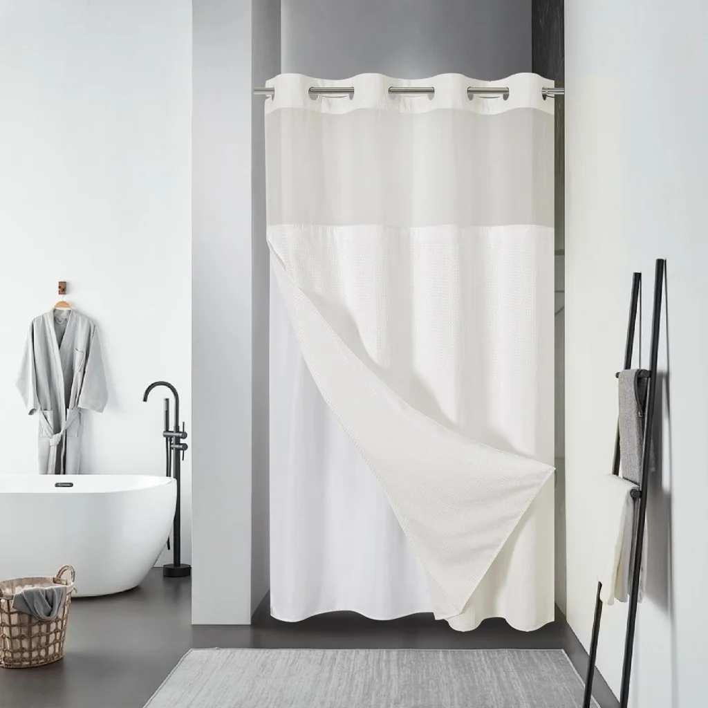 Double Layer Big Buckle Waffle Solid Color And Plain Large Ring Shower Curtain - Cream Color