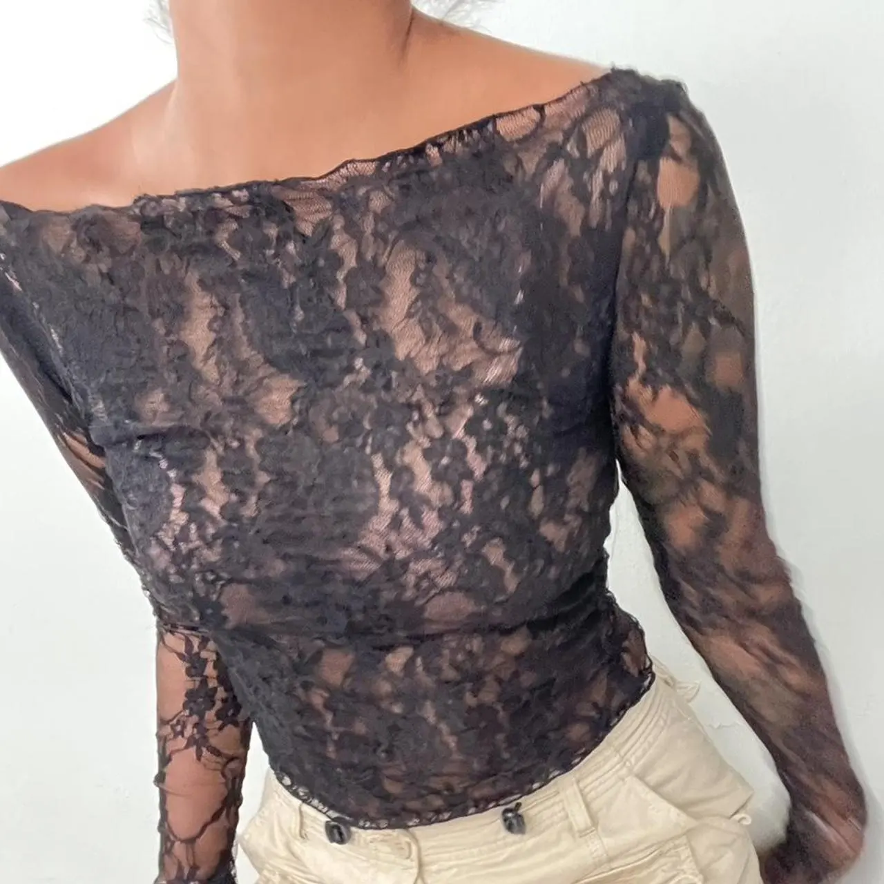 New Hot Girl Style Sexy Solid Color Lace Stitching Long Sleeve - Black