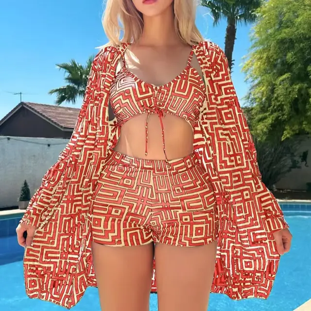 Swimsuit Plus Size Multicolor Plaid Printed Split Three piece Suit Figure 5 - Shop at LoveMi