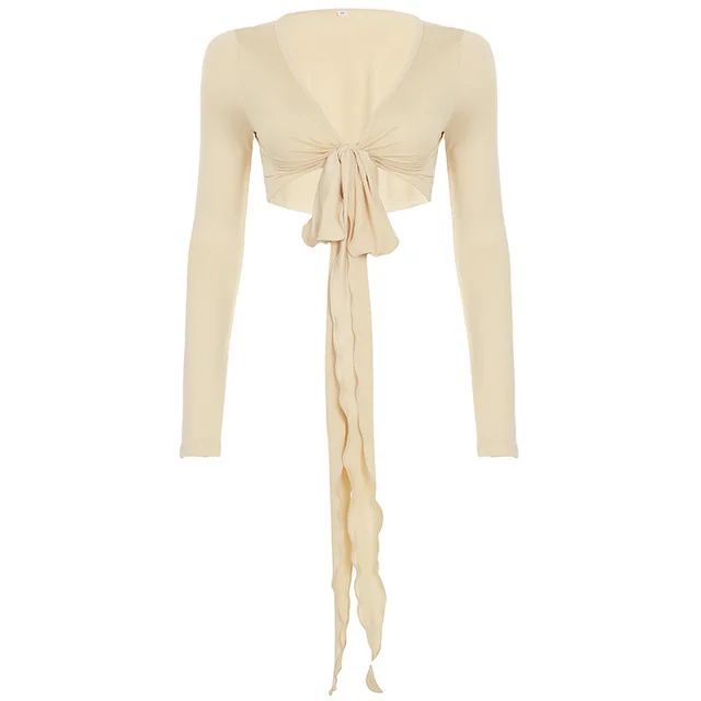 Pure Desire Strap Long sleeved T shirt Sexy Deep V neck Short Blouse Skin Color - Shop at LoveMi
