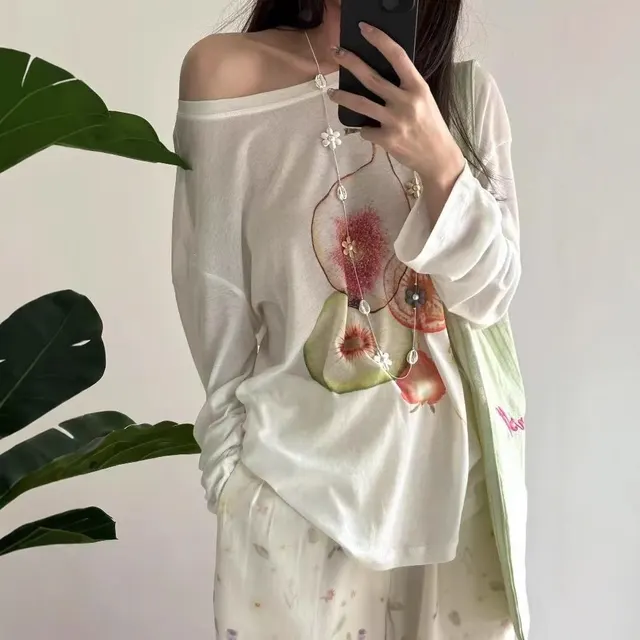Fruit Printed Loose Casual Laid back Style Sun Protective Blouse T shirt White - Shop at LoveMi