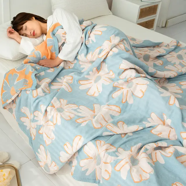 Cotton Four layer Gauze Towel Blanket Air Conditioning Blanket Thin Duvet Daisy Blue - Shop at LoveMi