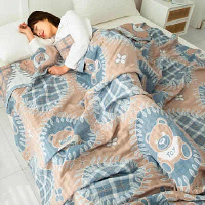 Cotton Four layer Gauze Towel Blanket Air Conditioning Blanket Thin Duvet Garden Bear Coffee - Shop at LoveMi