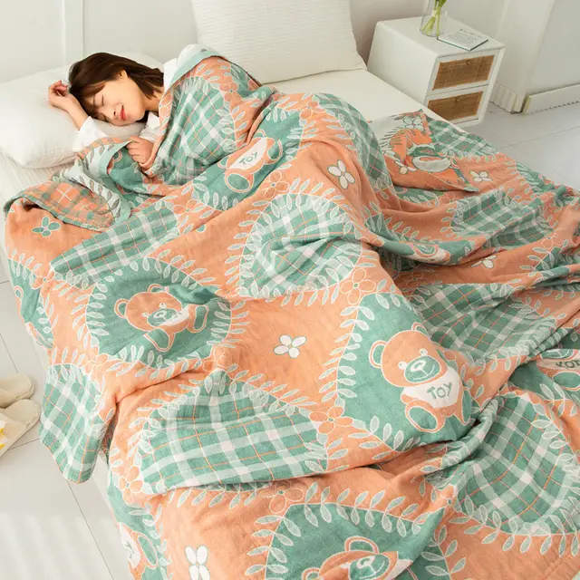 Cotton Four layer Gauze Towel Blanket Air Conditioning Blanket Thin Duvet Garden Bear Orange - Shop at LoveMi