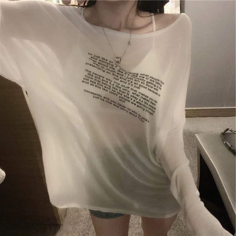 Retro Alphabet Long Sleeve Loose Slimming Thin Pullover Sun Protection Shirt - White
