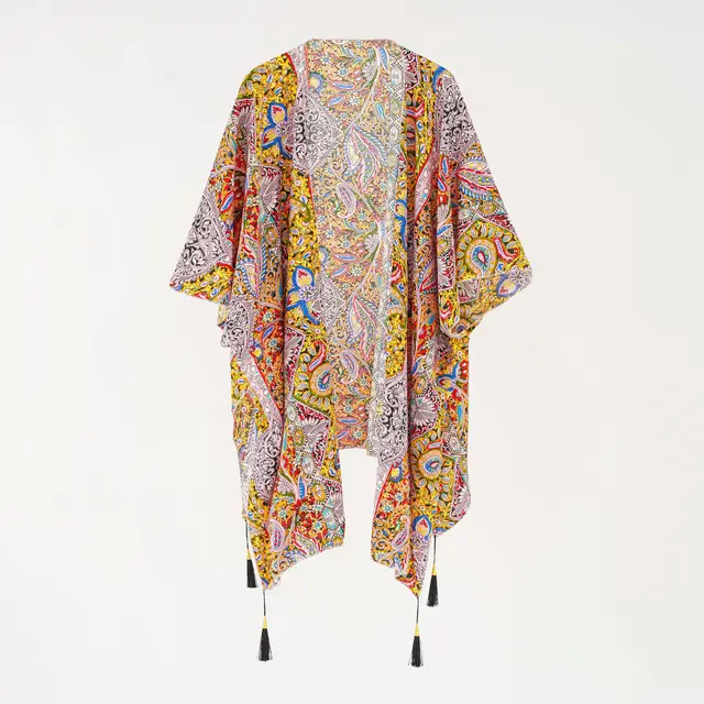 Retro Paisley Mid length Cardigan Women's Bikini Jacket Beach Cover up Reddish Yellow - Shop at LoveMi