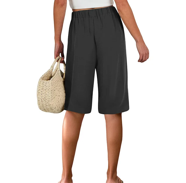 Summer Elastic Waist Pure Color Tied Loose Casual Cropped Pants Black - Shop at LoveMi