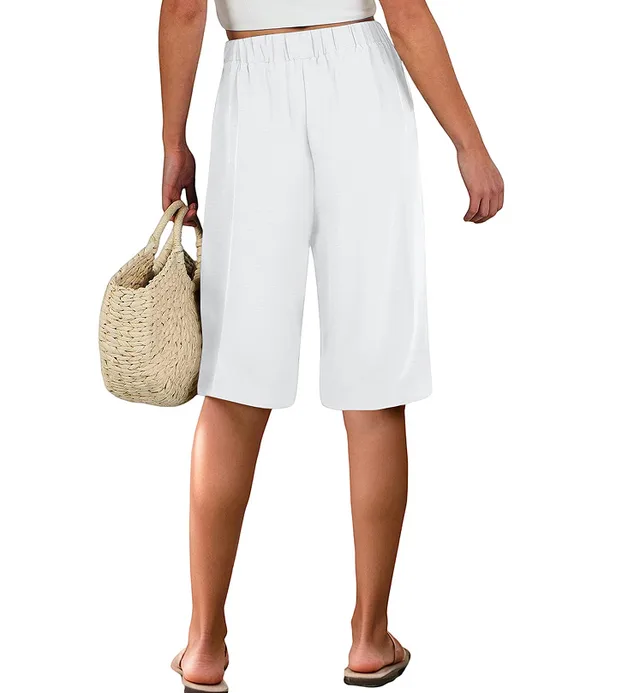 Summer Elastic Waist Pure Color Tied Loose Casual Cropped Pants White - Shop at LoveMi