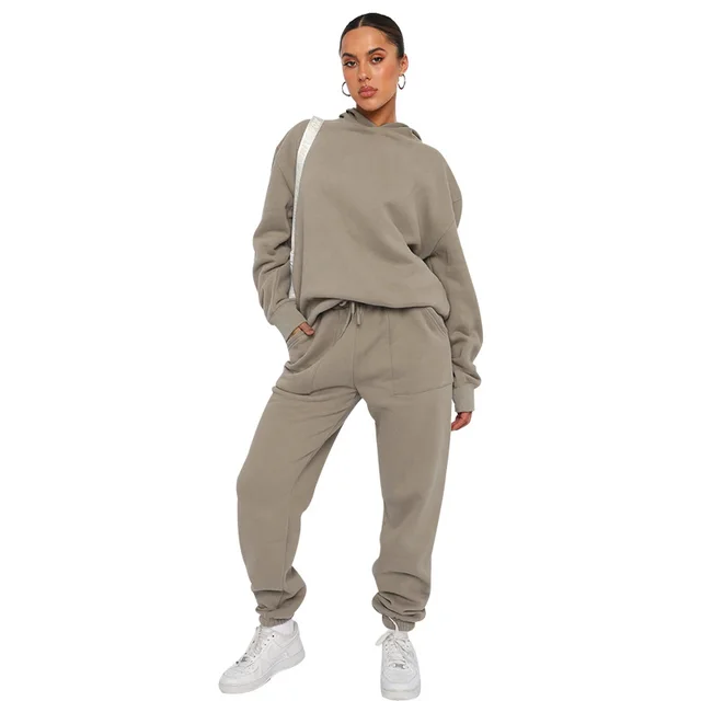 Hooded Long Sleeve Sweater Women's Clothing Fashion Casual Trousers Suit Gray Chip - Shop at LoveMi
