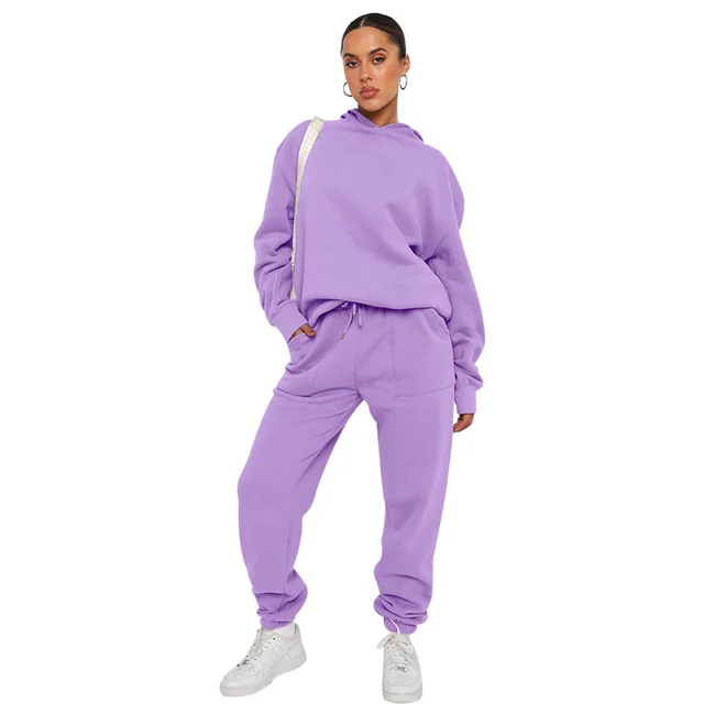 Hooded Long Sleeve Sweater Women's Clothing Fashion Casual Trousers Suit Purple - Shop at LoveMi