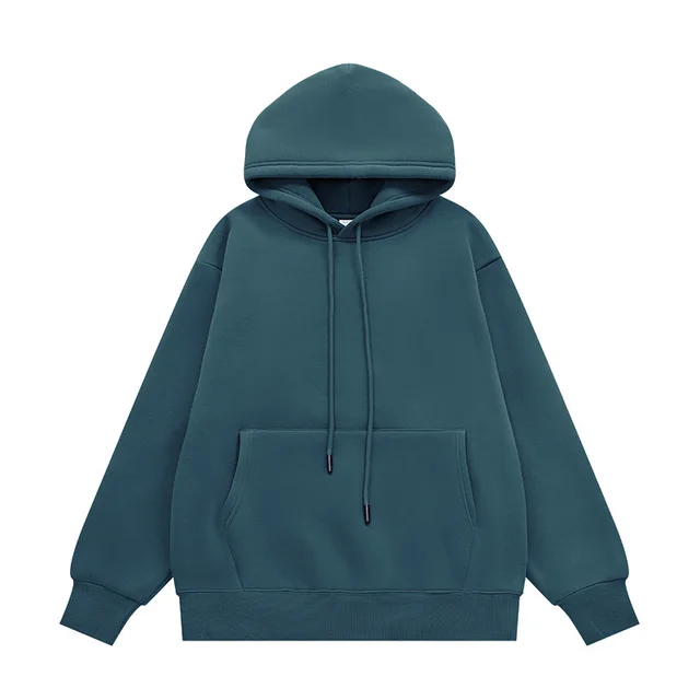 Fleece lined Thick Hooded Solid Color Hoodie Suit Blue And Green Top - Shop at LoveMi
