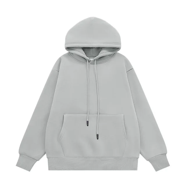 Fleece lined Thick Hooded Solid Color Hoodie Suit Light Gray Top - Shop at LoveMi