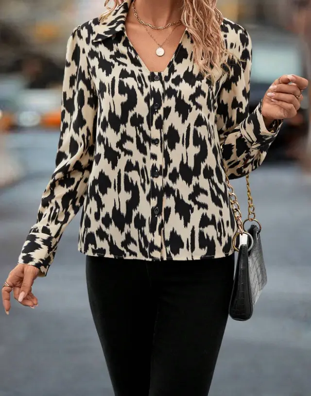 Women's Long sleeved Printed Leopard Print Loose Chiffon Shirt Apricot - Shop at LoveMi