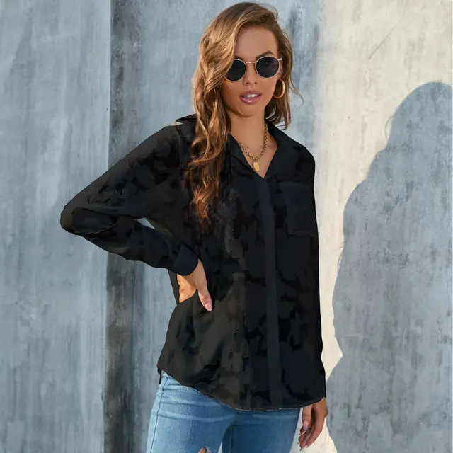 Plus Size Women's Loose Top Casual Chiffon Shirt Black - Shop at LoveMi