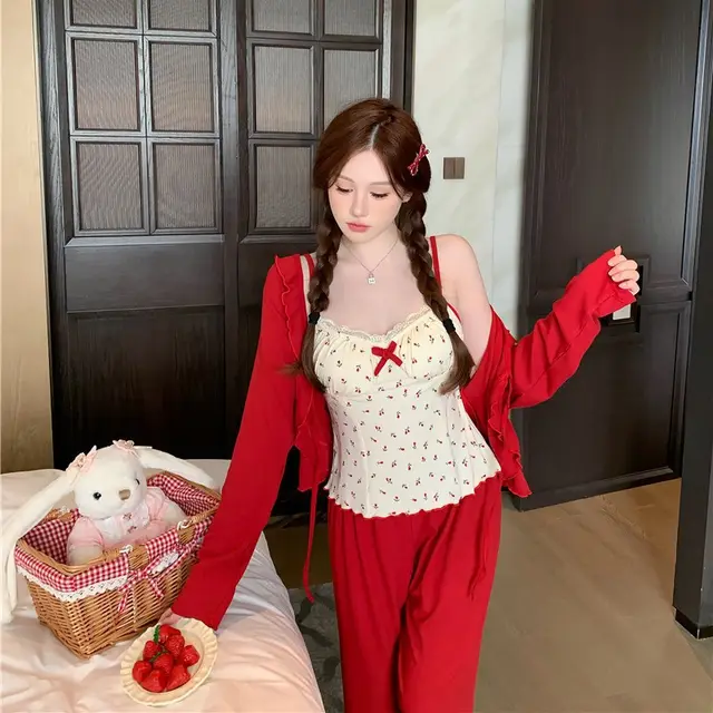 Women's Spring And Autumn Rose Print Comfortable Three piece Pajamas 5396 Rose Three Red - Shop at LoveMi