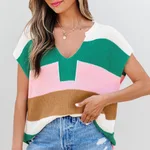 Multicolour Color Block Notch V Neck Sweater T Shirt - Multicolour
