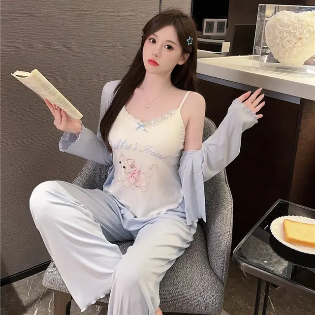 Pajamas Women's Summer And Autumn Cotton Cat Printing Three Suit White - Shop at LoveMi