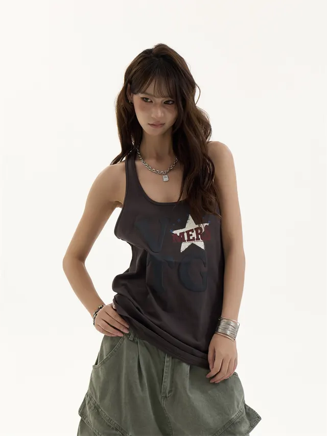 Women's Design Wine Red Printed Sleeveless Vest Dark Grey - Shop at LoveMi