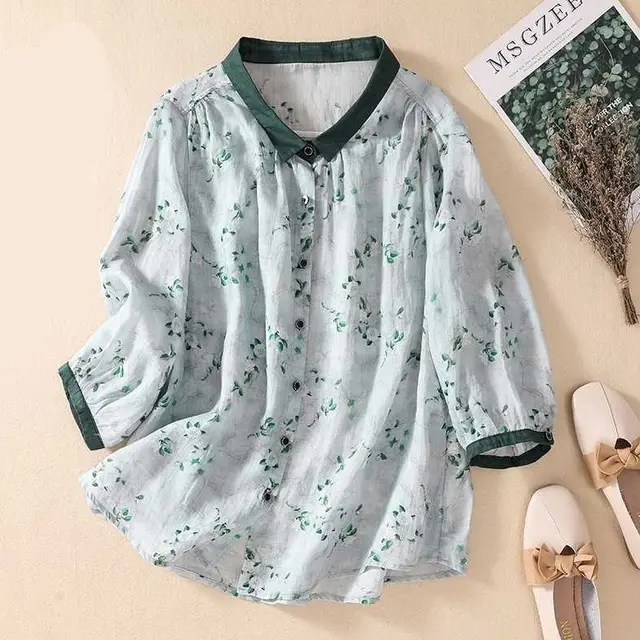 Cotton And Linen Top Women's Loose Printed Linen Shirt Green - Shop at LoveMi