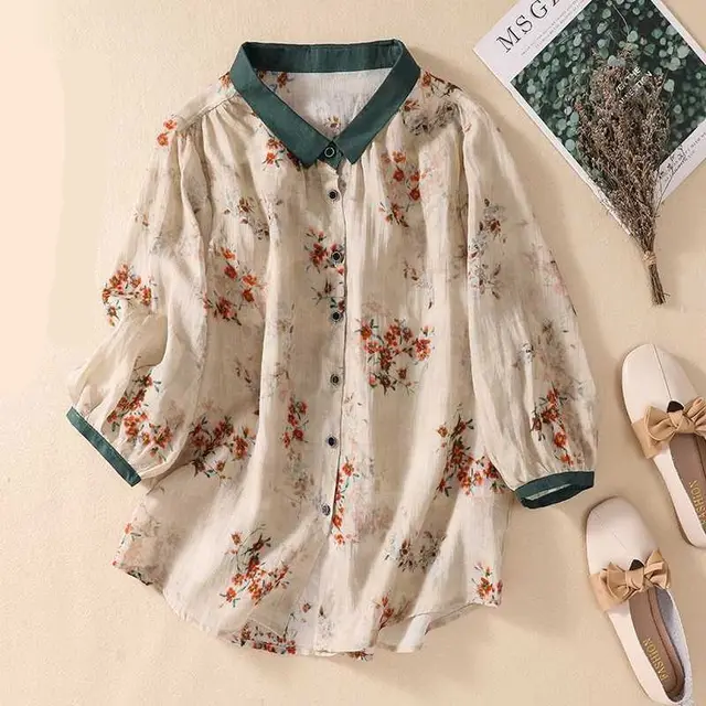 Cotton And Linen Top Women's Loose Printed Linen Shirt Red - Shop at LoveMi