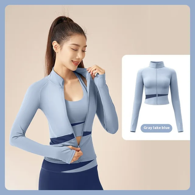 Peach Color Matching Sports Yoga Jacket Slim Stand Collar Workout Top Gray Lake Blue - Shop at LoveMi