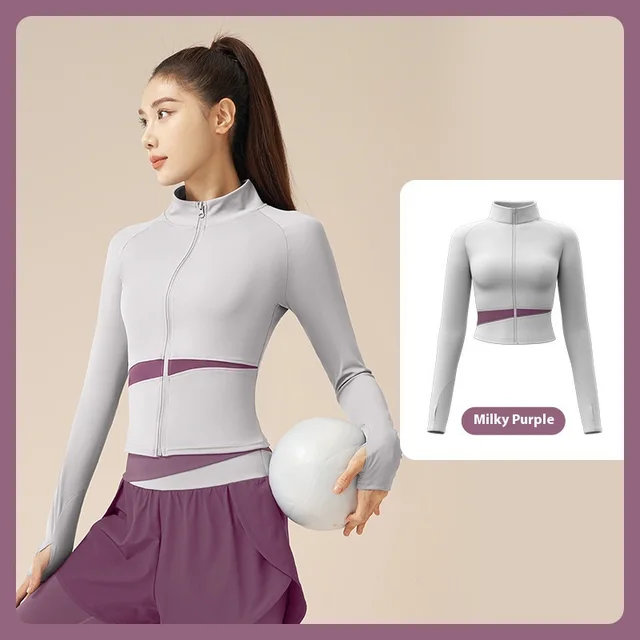 Peach Color Matching Sports Yoga Jacket Slim Stand Collar Workout Top Milk Skin Purple - Shop at LoveMi