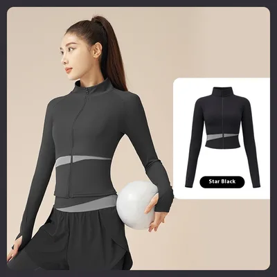 Peach Color Matching Sports Yoga Jacket Slim Stand Collar Workout Top Xingyao Black - Shop at LoveMi