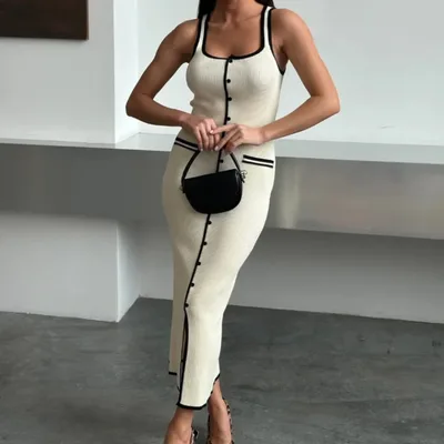 Vest style Dress Contrast Color Single Row Multi buckle Slit Long Knitted Dress White - Shop at LoveMi