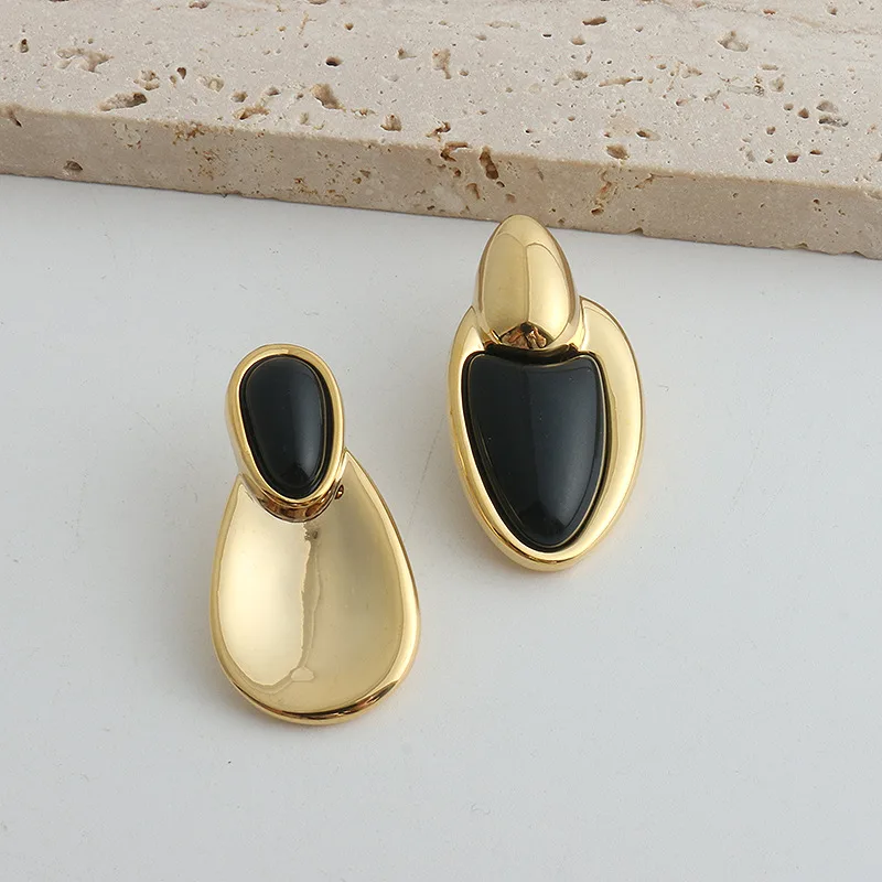 New Accessories Irregular Stitching Black Onyx Necklace Women - Gold Earrings