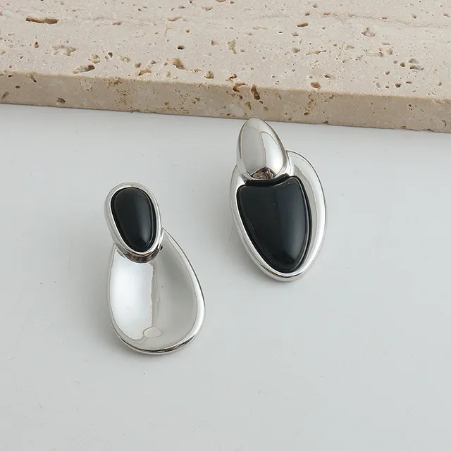 New Accessories Irregular Stitching Black Onyx Necklace Women Silver Earrings - Shop at LoveMi
