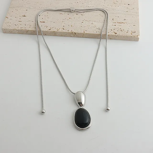New Accessories Irregular Stitching Black Onyx Necklace Women Silver Necklace - Shop at LoveMi