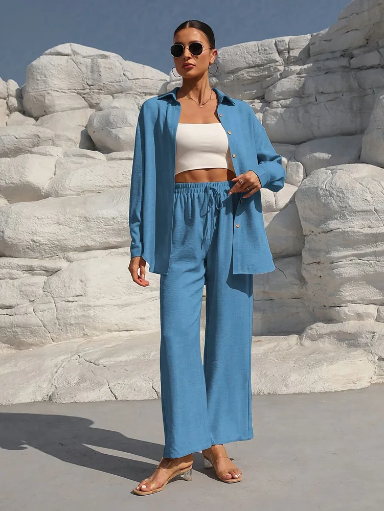 Fashion Graceful Plus Size Women's Long Sleeve Cardigan Two-piece Set Casual Solid Color Suit - Sea Blue - View 1