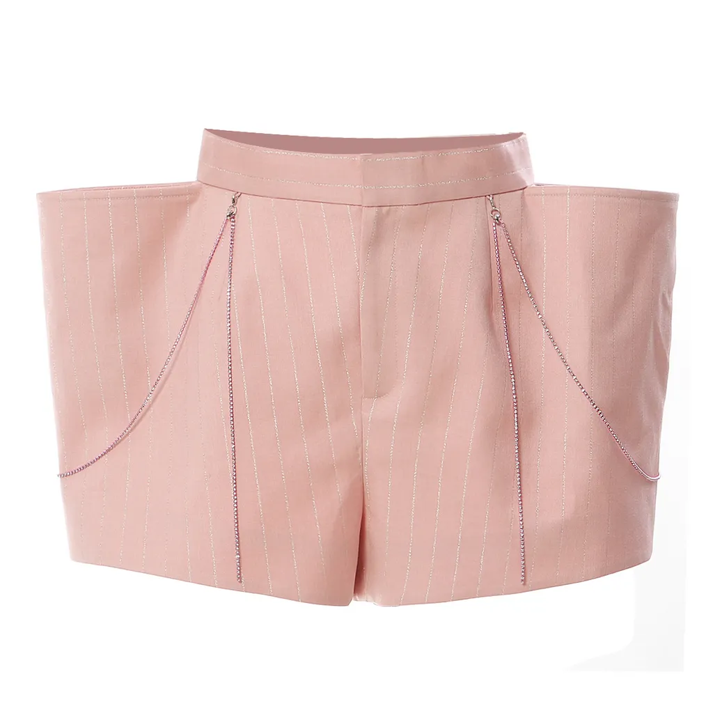 Rhinestone Strip Domineering Exaggerated Style Crisp Neutral Shorts Hot Pants Women - Dried Shrimp Powder