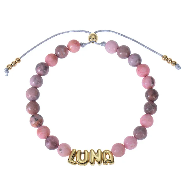 DIY Bubble Letter Bracelet Natural Stone Name Bracelet Pink Zebra Stone - Shop at LoveMi
