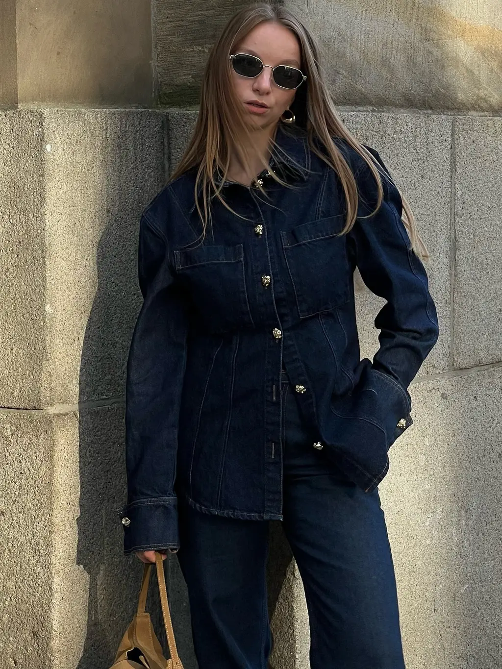 Simple Trendy Solid Colour Single-breasted Denim Coat Trousers Suit - Blue Coat