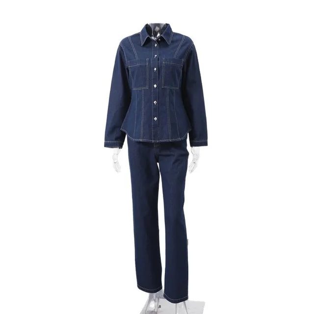 Simple Trendy Solid Color Single breasted Denim Coat Trousers Suit Blue Suit - Shop at LoveMi
