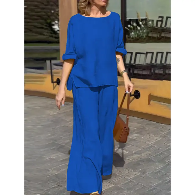 Cotton And Linen Suit Loose Casual Trousers Two piece Suit Blue - Shop at LoveMi