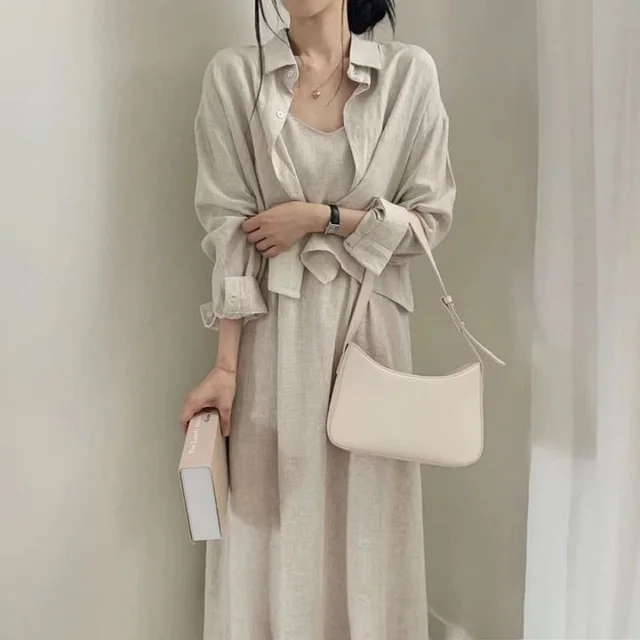 Retro Anti aging Sling Dress Two piece Set For Women Apricot Shirt - Shop at LoveMi