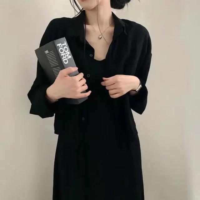 Retro Anti aging Sling Dress Two piece Set For Women Black Shirt - Shop at LoveMi