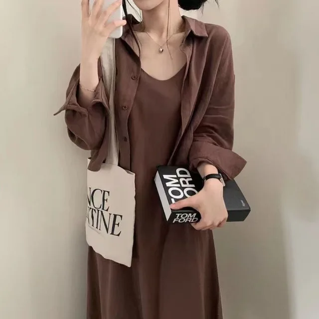 Retro Anti aging Sling Dress Two piece Set For Women Brown Shirt - Shop at LoveMi