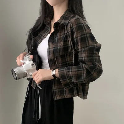 Short Long Sleeve Plaid Shirt Fashion Baggy Coat Charcoal Gray - Shop at LoveMi