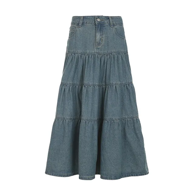 Vacation Style Low Waist Old Washed Blue Loose Slimming Denim Skirt Blue - Shop at LoveMi