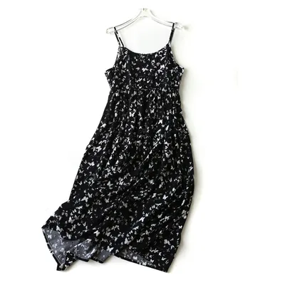 Long Floral Cotton Silk Waist Trimming Spaghetti Straps Dress Butterfly On Black Background - Shop at LoveMi