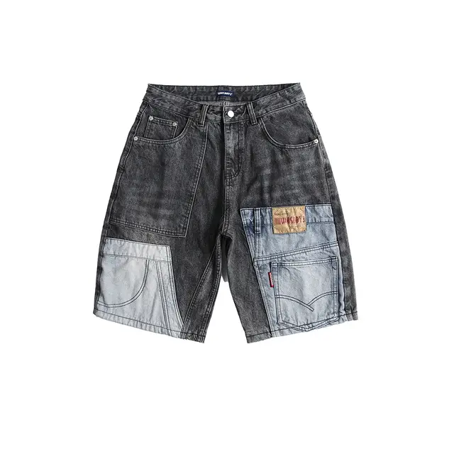 Retro Patchwork Denim Shorts Men's Business Shirt Shorts Black - Shop at LoveMi